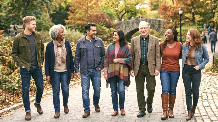 A diverse group of people walking together along a park path